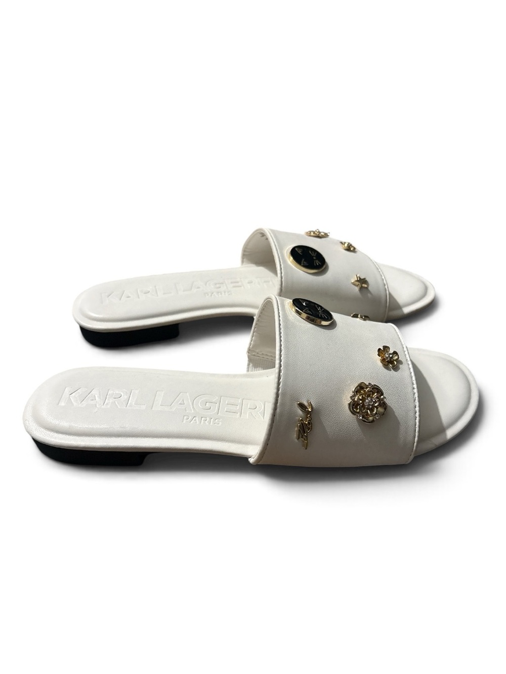 Karl Lagerfeld White Slide Mules with Gold Embellishments